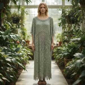 Vintage Mint Green & Silver Sequin Dress with Beaded Pearl Fringes | Large